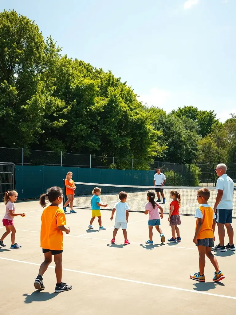 A wide shot of a group of children participating in a structured tennis drill at TENNIS CLUB DE LA MUSE ET DU TARN, with coaches overseeing the activity.