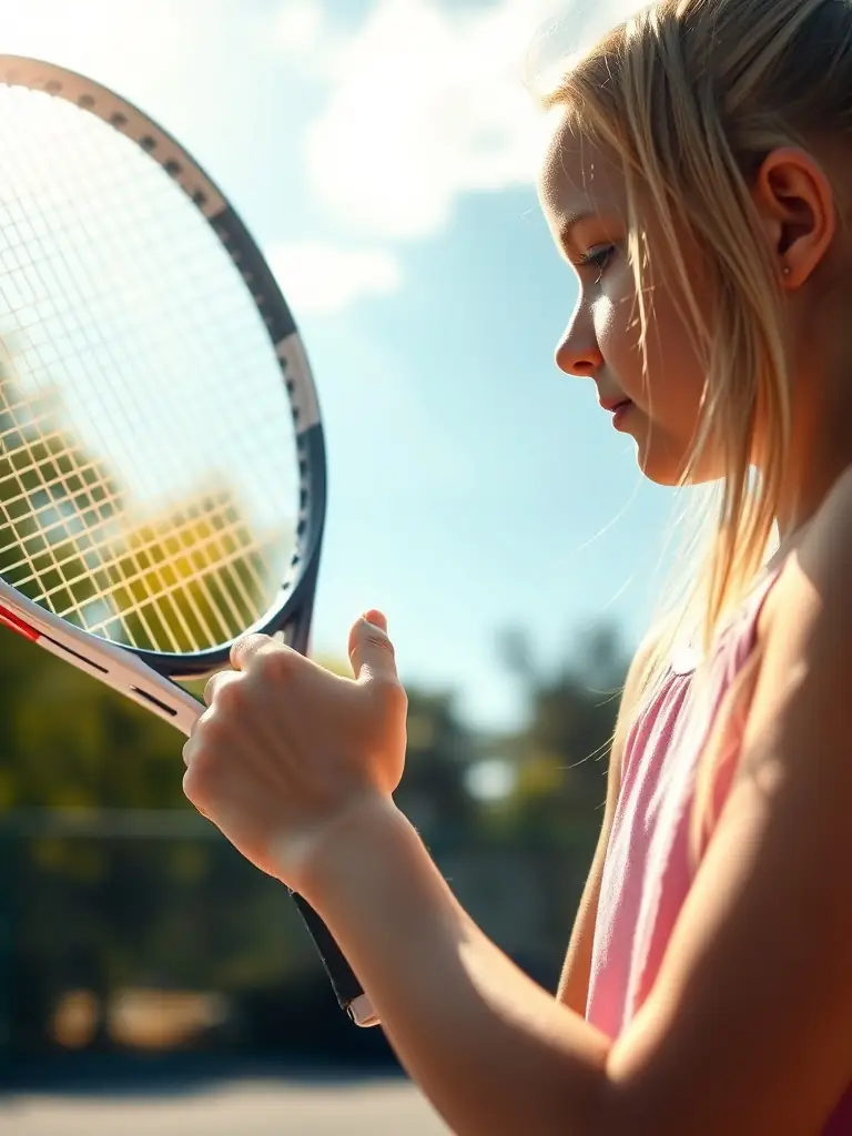 A close-up shot of a tennis coach demonstrating proper grip technique to a young player on a sunny tennis court at TENNIS CLUB DE LA MUSE ET DU TARN.