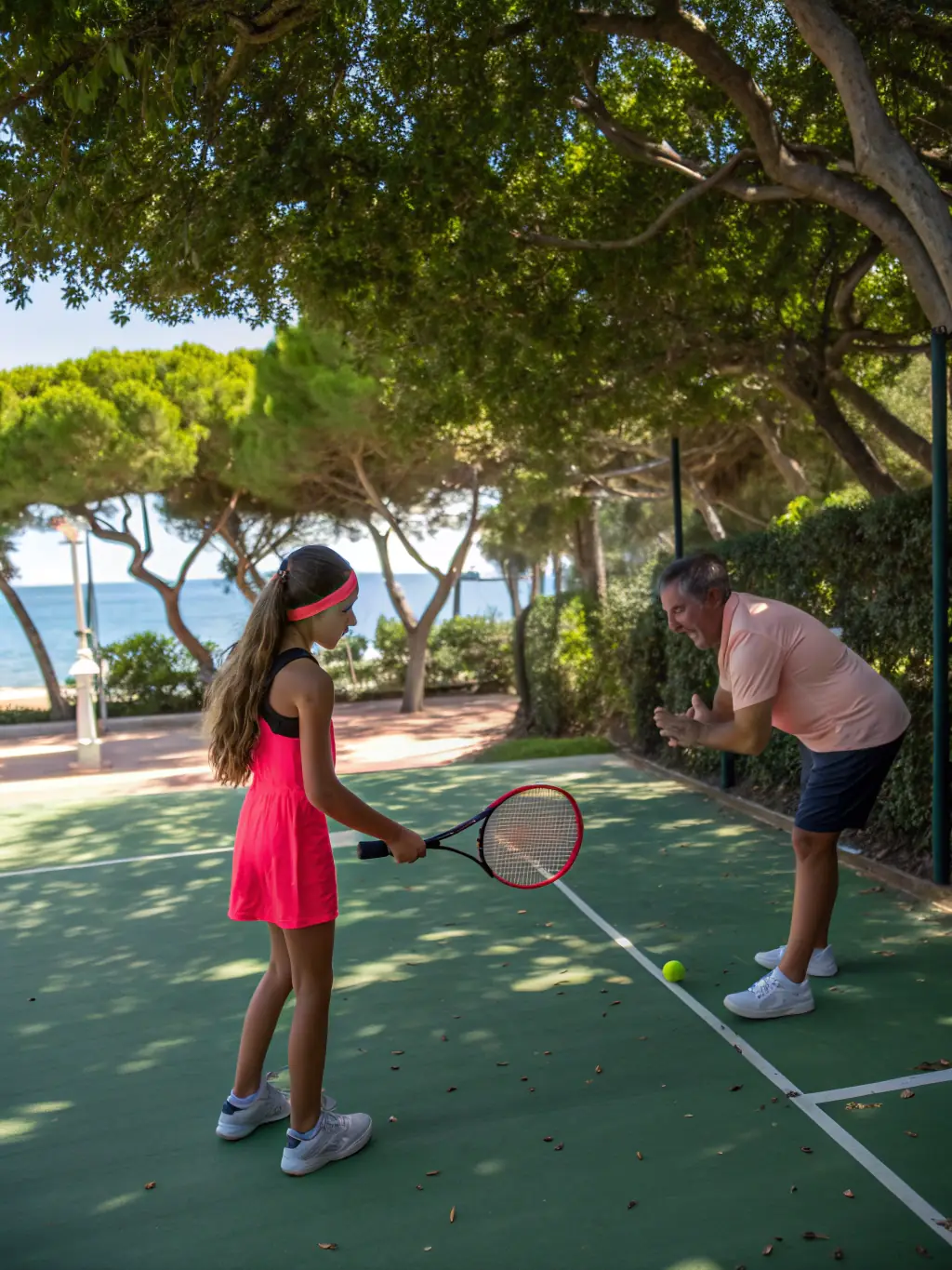 A young tennis player practicing their forehand stroke under the guidance of a coach at TCMT, focusing on proper technique and form.