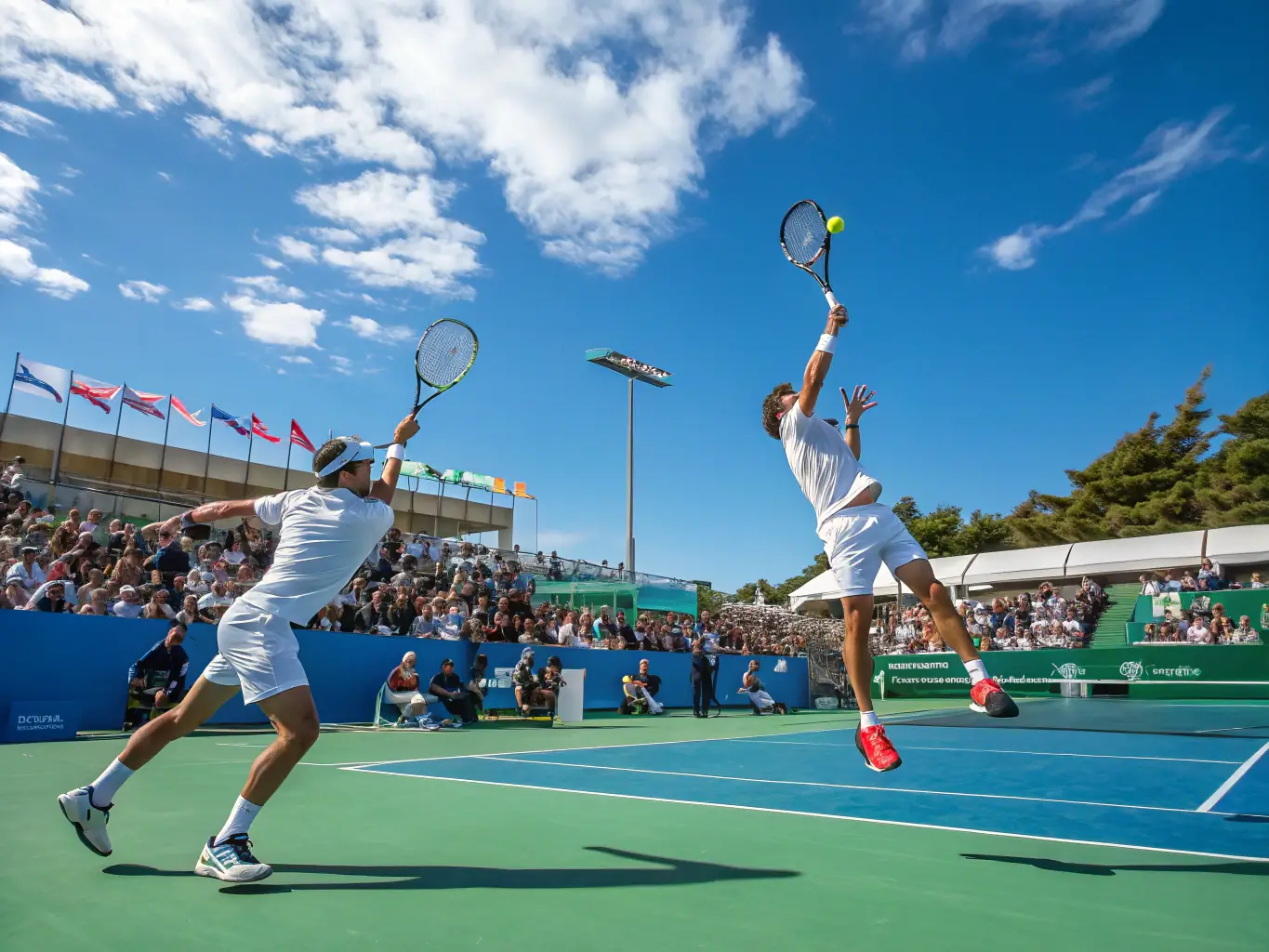 An action shot of adult players engaged in a competitive tennis match, showcasing the intensity and skill involved in the adult programs at TENNIS CLUB DE LA MUSE ET DU TARN.