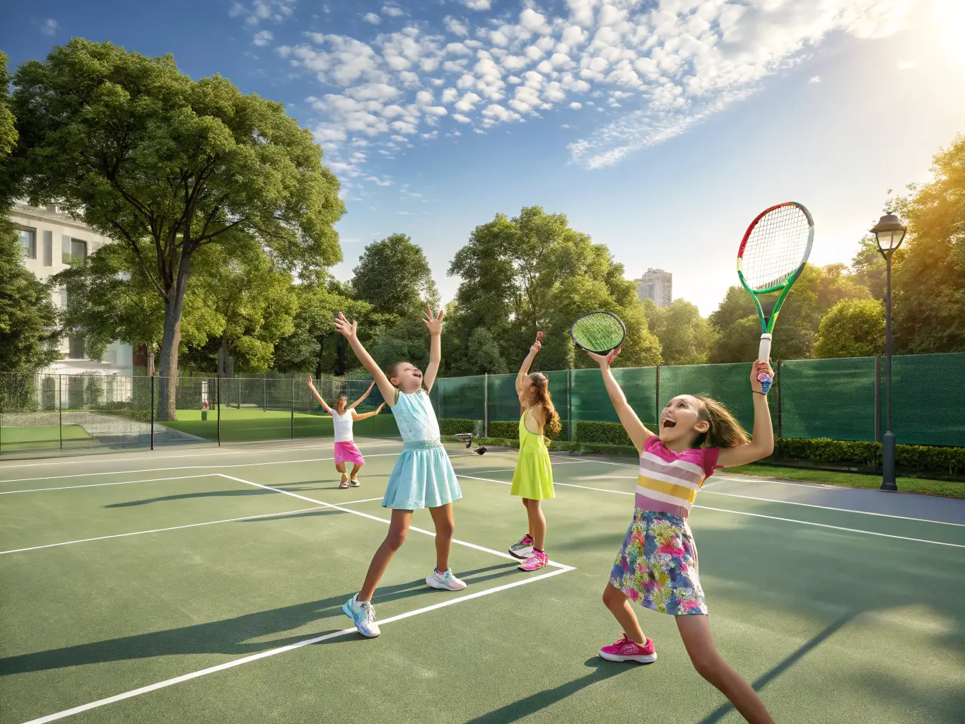 A vibrant image showing children participating in a tennis clinic, focusing on fun drills and skill-building exercises, set against the backdrop of the tennis court at TENNIS CLUB DE LA MUSE ET DU TARN.