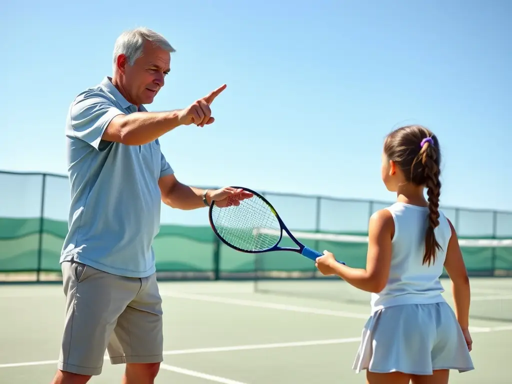A dynamic image of a tennis coach providing personalized instruction to a player, highlighting the one-on-one coaching sessions available at TENNIS CLUB DE LA MUSE ET DU TARN.