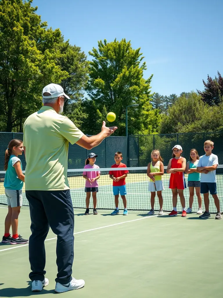 A tennis coach demonstrating serving techniques to a student at TCMT, emphasizing accuracy, power, and spin.