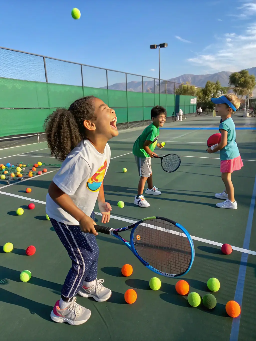 A group of children participating in a tennis drill at TCMT, improving their agility, coordination, and teamwork skills.